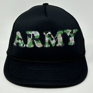 Vintage 80s US Army Trucker Hat Baseball Cap Black Camouflage Military Snapback